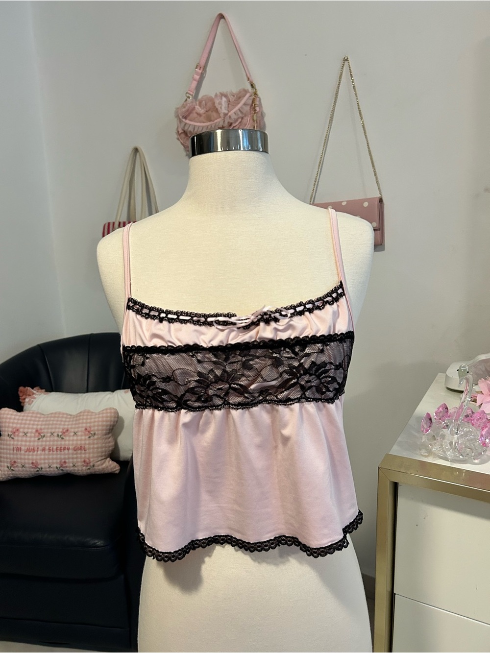 Pink Lace-Trim Camisole Tank Top Coquette